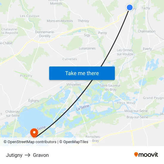 Jutigny to Gravon map