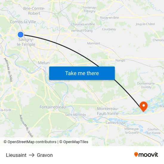 Lieusaint to Gravon map