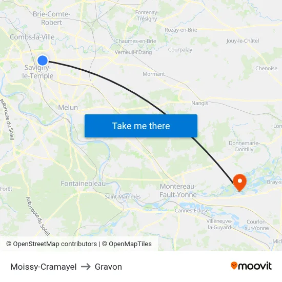 Moissy-Cramayel to Gravon map