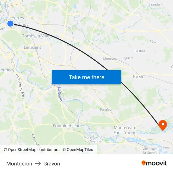 Montgeron to Gravon map