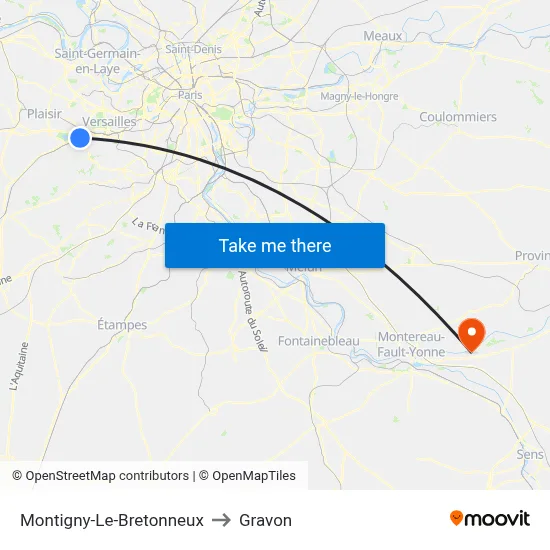 Montigny-Le-Bretonneux to Gravon map