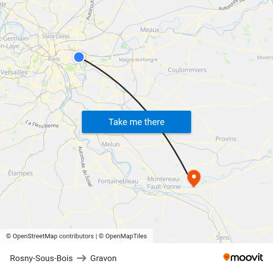 Rosny-Sous-Bois to Gravon map
