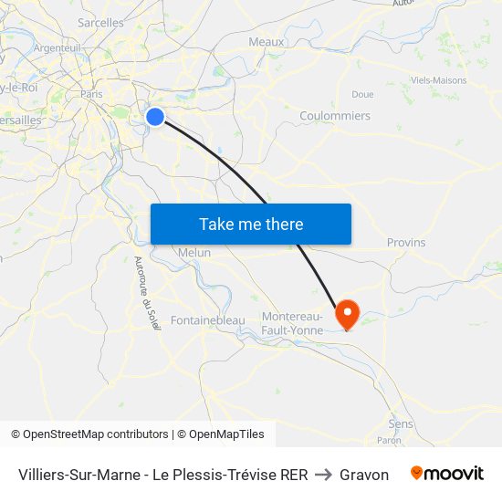 Villiers-Sur-Marne - Le Plessis-Trévise RER to Gravon map