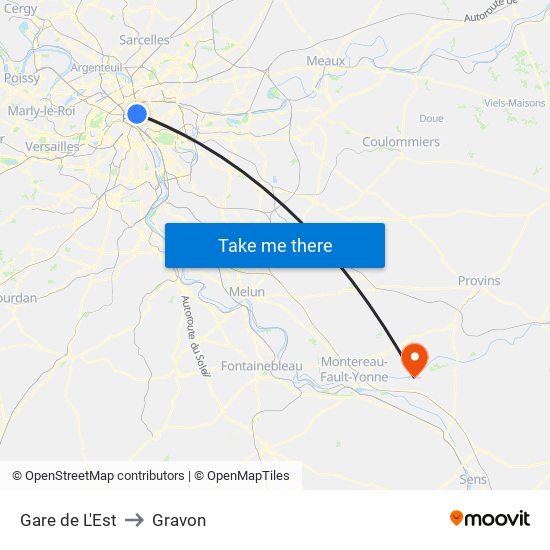 Gare de L'Est to Gravon map