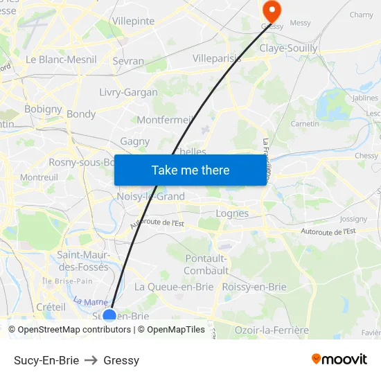 Sucy-En-Brie to Gressy map