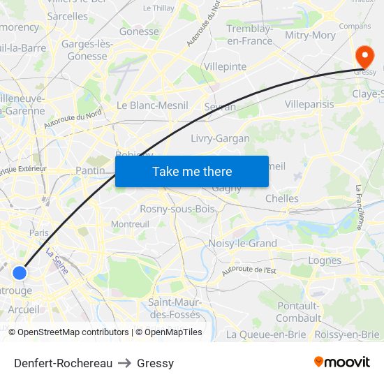 Denfert-Rochereau to Gressy map