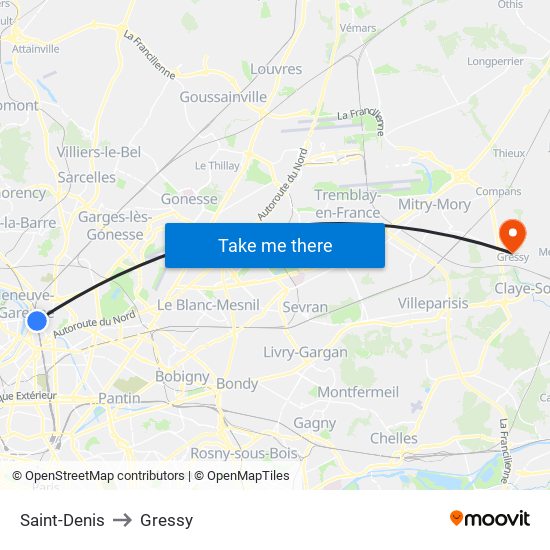 Saint-Denis to Gressy map