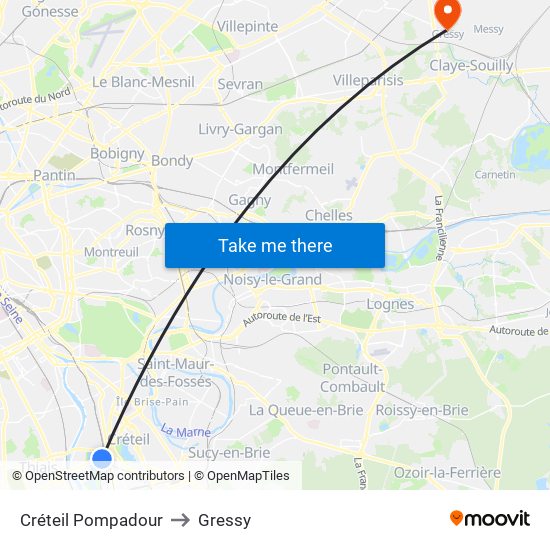 Créteil Pompadour to Gressy map