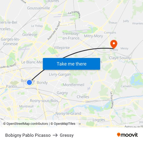 Bobigny Pablo Picasso to Gressy map