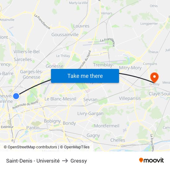 Saint-Denis - Université to Gressy map