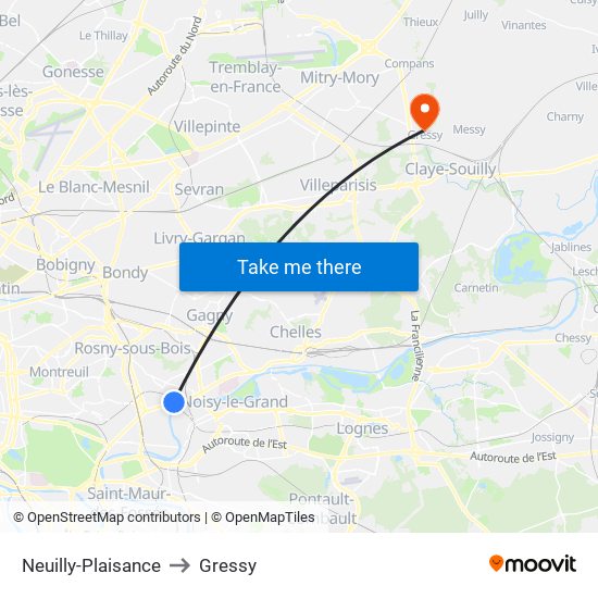 Neuilly-Plaisance to Gressy map