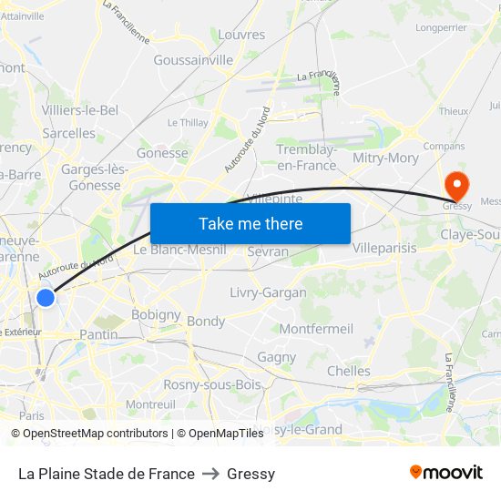 La Plaine Stade de France to Gressy map