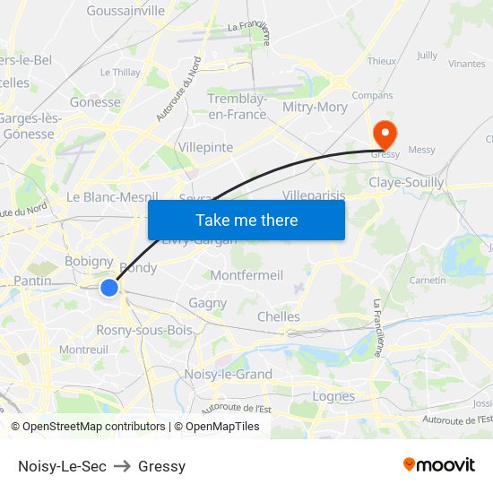 Noisy-Le-Sec to Gressy map