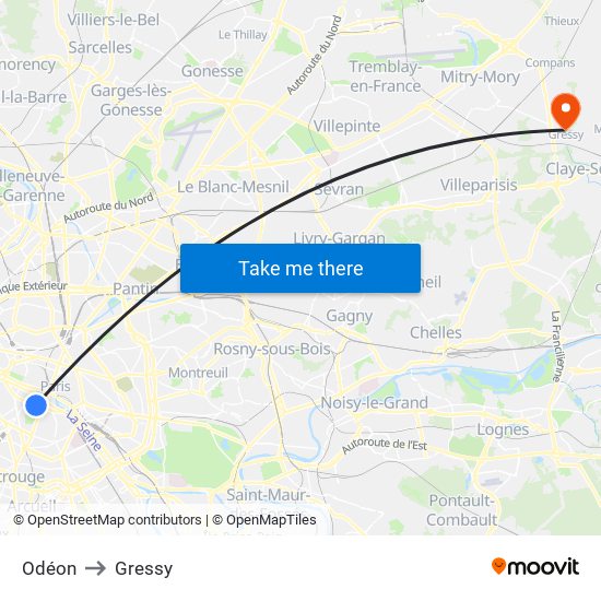 Odéon to Gressy map