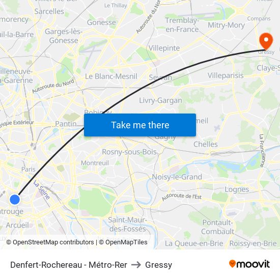 Denfert-Rochereau - Métro-Rer to Gressy map