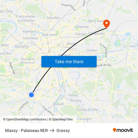 Massy - Palaiseau RER to Gressy map