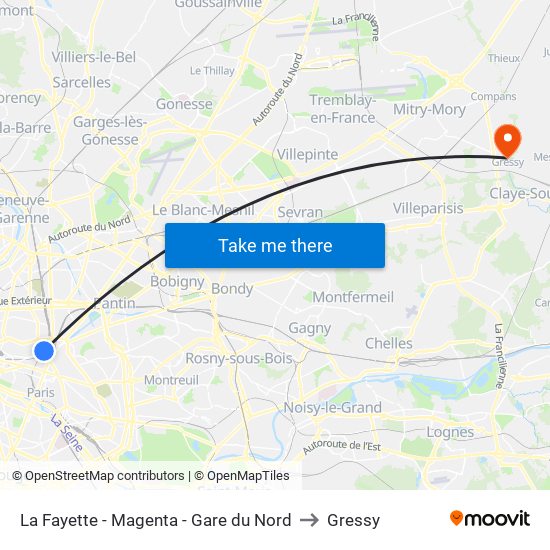 La Fayette - Magenta - Gare du Nord to Gressy map