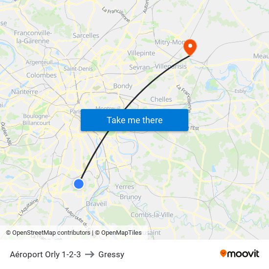 Aéroport Orly 1-2-3 to Gressy map