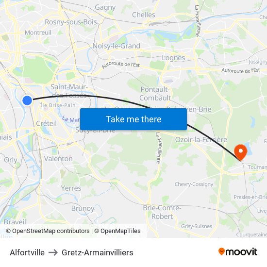 Alfortville to Gretz-Armainvilliers map