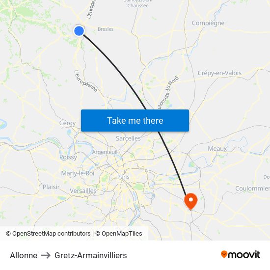 Allonne to Gretz-Armainvilliers map