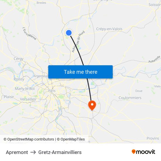 Apremont to Gretz-Armainvilliers map