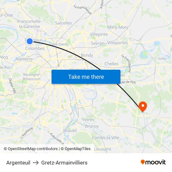 Argenteuil to Gretz-Armainvilliers map