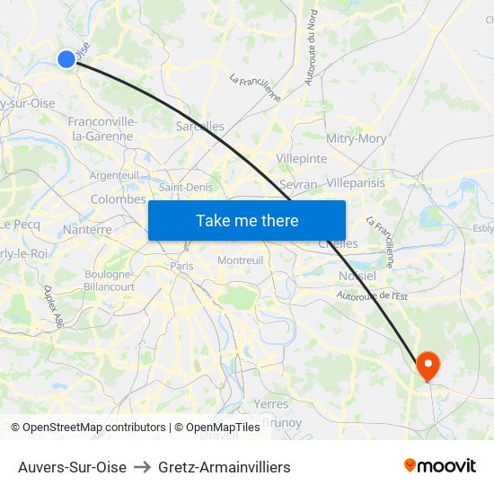 Auvers-Sur-Oise to Gretz-Armainvilliers map