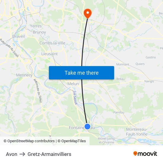 Avon to Gretz-Armainvilliers map