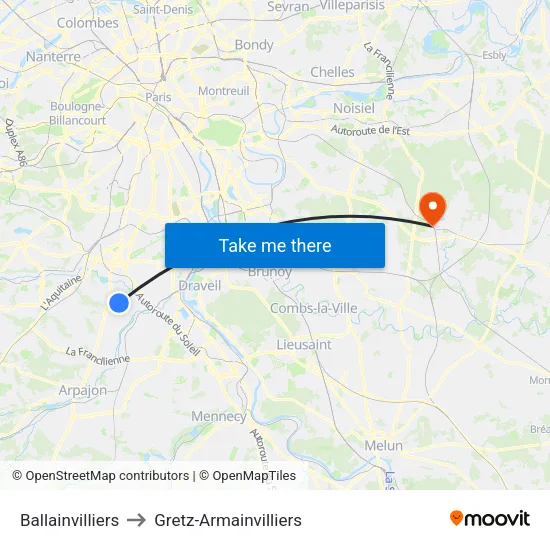 Ballainvilliers to Gretz-Armainvilliers map