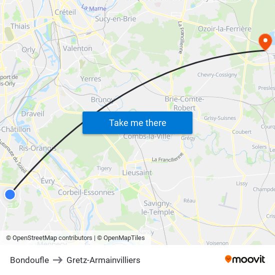 Bondoufle to Gretz-Armainvilliers map