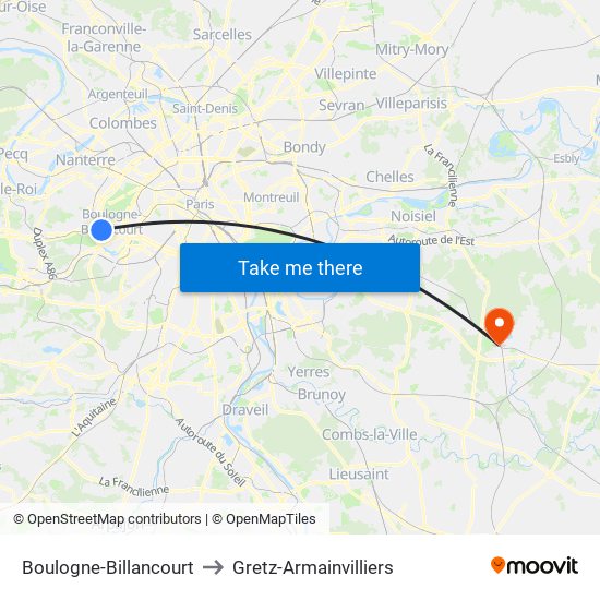 Boulogne-Billancourt to Gretz-Armainvilliers map