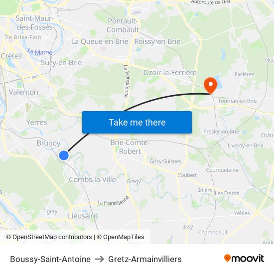 Boussy-Saint-Antoine to Gretz-Armainvilliers map