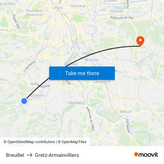 Breuillet to Gretz-Armainvilliers map
