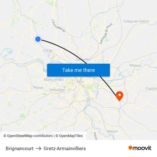 Brignancourt to Gretz-Armainvilliers map