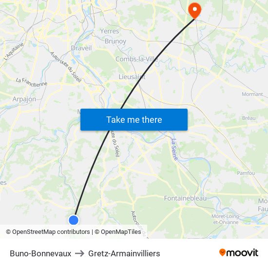 Buno-Bonnevaux to Gretz-Armainvilliers map