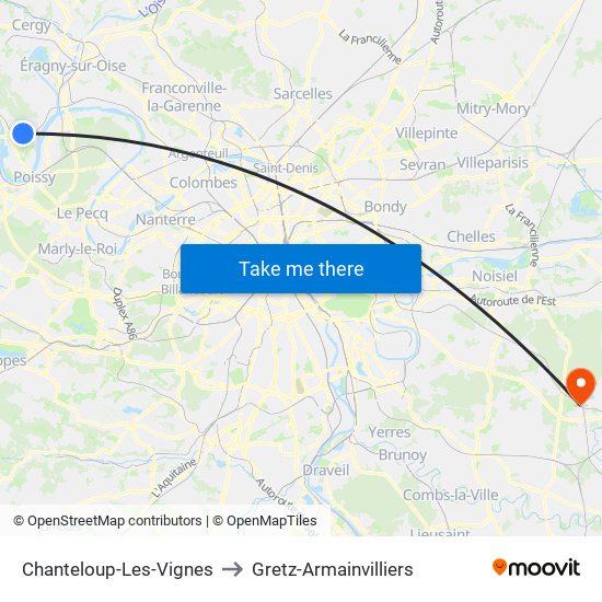 Chanteloup-Les-Vignes to Gretz-Armainvilliers map