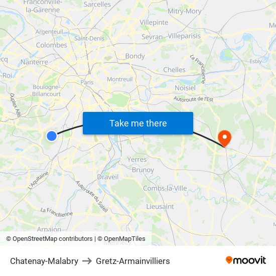 Chatenay-Malabry to Gretz-Armainvilliers map