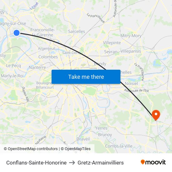 Conflans-Sainte-Honorine to Gretz-Armainvilliers map