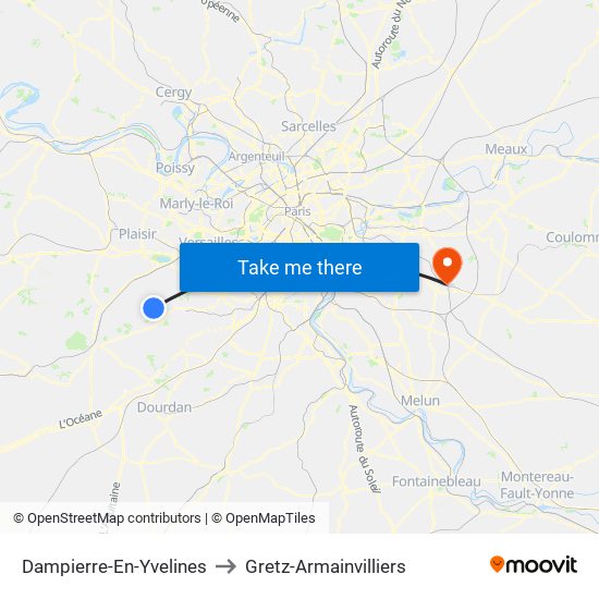 Dampierre-En-Yvelines to Gretz-Armainvilliers map