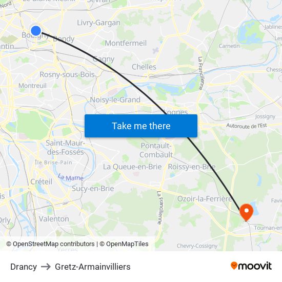 Drancy to Gretz-Armainvilliers map