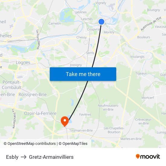 Esbly to Gretz-Armainvilliers map