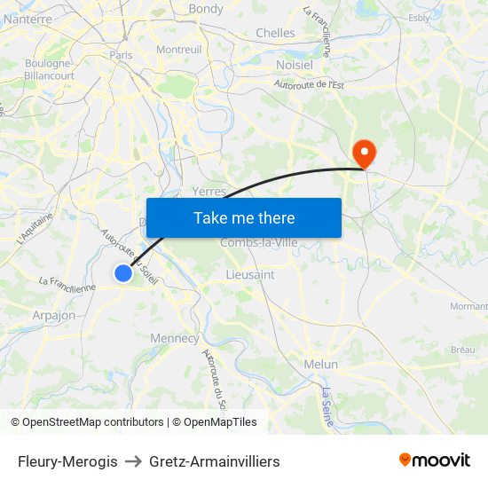 Fleury-Merogis to Gretz-Armainvilliers map