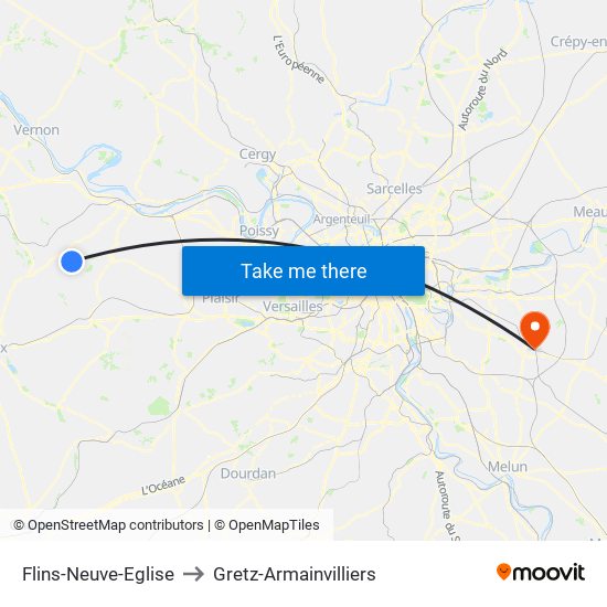 Flins-Neuve-Eglise to Gretz-Armainvilliers map