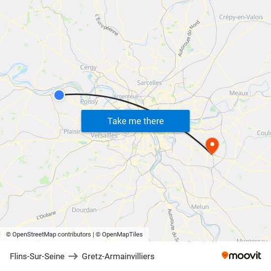 Flins-Sur-Seine to Gretz-Armainvilliers map