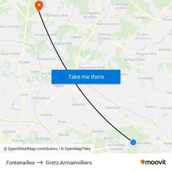 Fontenailles to Gretz-Armainvilliers map