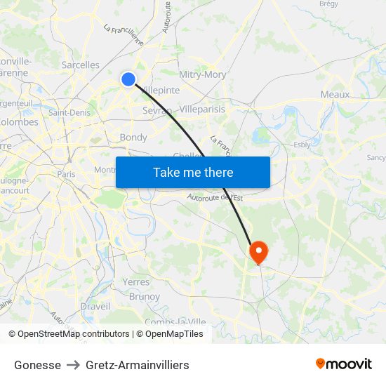 Gonesse to Gretz-Armainvilliers map