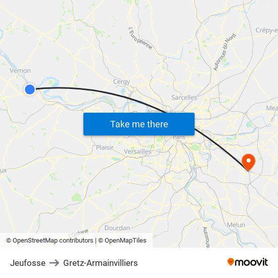 Jeufosse to Gretz-Armainvilliers map