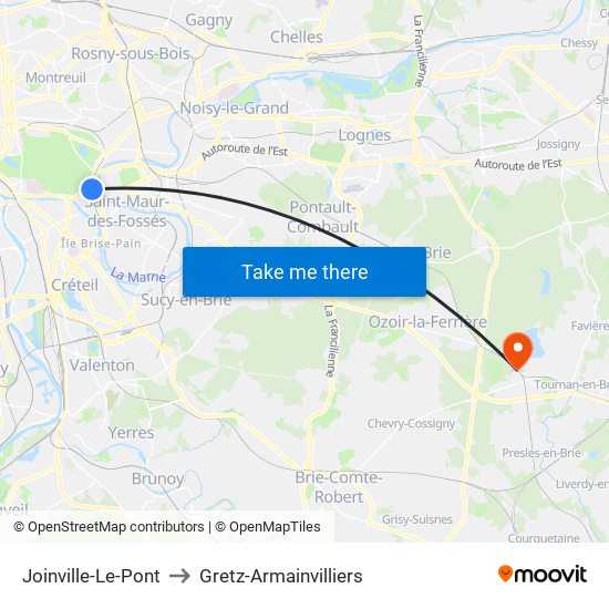 Joinville-Le-Pont to Gretz-Armainvilliers map