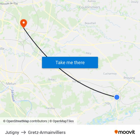 Jutigny to Gretz-Armainvilliers map
