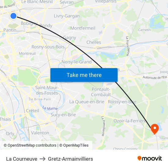 La Courneuve to Gretz-Armainvilliers map